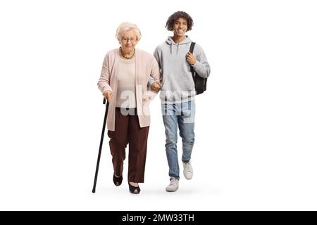 Full length portrait of an american african young man helping an elderly woman isolated on white background Stock Photo