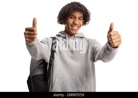 Cheerful african american male student gesturing thumbs up isolated on white background Stock Photo