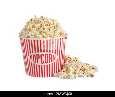 Delicious popcorn in paper bucket isolated on white Stock Photo