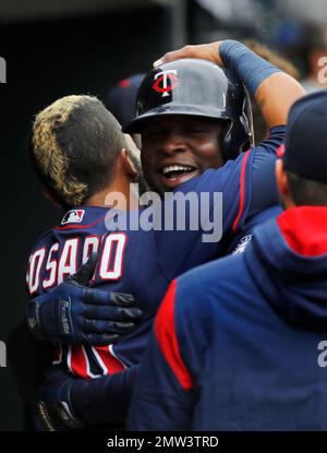 Minnesota Twins' Miguel Sano (22) celebrates his solo home run in the  fourth inning of a baseball game against the Detroit Tigers in Detroit,  Sunday, June 9, 2019. (AP Photo/Paul Sancya Stock