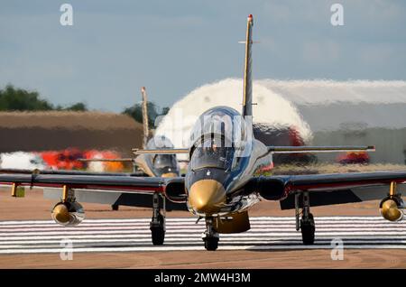 Al Fursan (The Knights) is the aerobatics demonstration team of the United Arab Emirates Air Force. Aermacchi MB-339NAT jet aircraft taxiing back Stock Photo