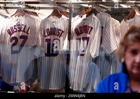 Chicago Cubs jersey's are sale at a Cubs store Monday, March 27, 2023, for  Thursday opening day baseball game between the Milwaukee Brewers and the  Cubs in Chicago. (AP Photo/Nam Y. Huh