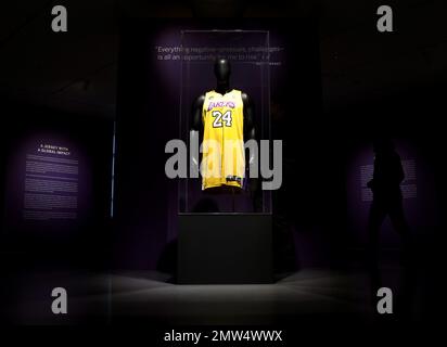 A game-worn and signed Kobe Bryant Los Angeles Lakers Jersey from his MVP  season, estimated at $5-7 million, is previewed before auction at Sotheby's  in New York, NY, on February 1, 2023.