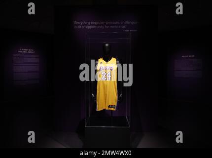 A game-worn and signed Kobe Bryant Los Angeles Lakers Jersey from his MVP  season, estimated at $5-7 million, is previewed before auction at Sotheby's  in New York, NY, on February 1, 2023.