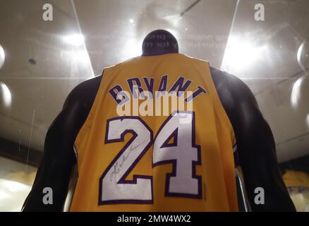 A game-worn and signed Kobe Bryant Los Angeles Lakers Jersey from his MVP  season, estimated at $5-7 million, is previewed before auction at Sotheby's  in New York, NY, on February 1, 2023.