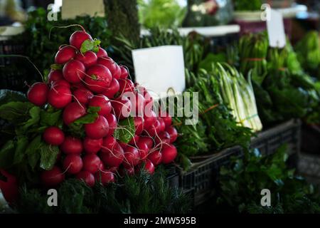 Fresh ripe vegetables on counter at wholesale market Stock Photo