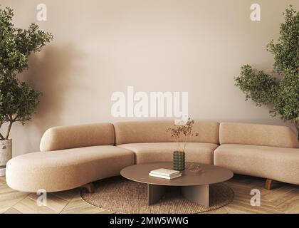 Modern living room interior design with beige furniture, hardwood flooring, sofa and trees. Mockup empty wall. 3d render. High quality 3d illustration Stock Photo
