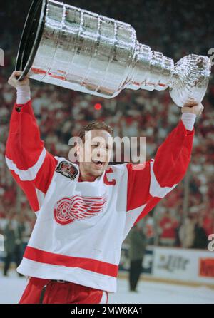 Detroit Red Wings captain Nicklas Lidstrom speaks to the crowd about former  player Steve Yzerman who's number was being retired at Joe Louis Arena in  Detroit on January 2, 2007. (UPI Photo/Scott
