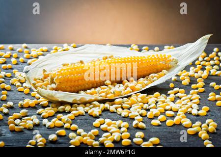 Dried corn cobs with peeled leaves still life on wood Stock Photo