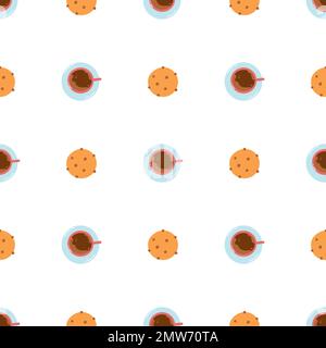 Seamless pattern with coffee mug and biscuits on white background. Flat vector texture for wrapping paper, textile, web design. Stock Vector