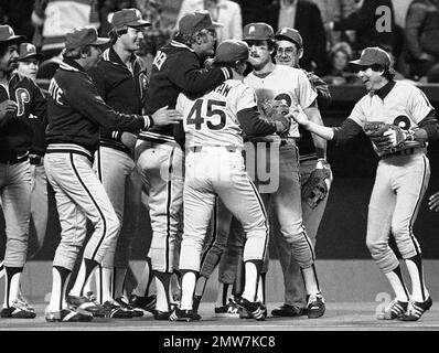 Phillies manager Dallas Green, left, rushes forward to congratulate relief  pitcher Tug McGraw just after the last out of Game 1 of the National League  playoffs against the Houston Astros at Philadelphia