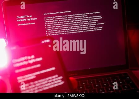 Laptop and smartphone screen is pictured with ChatGPT, an advanced and free artificial intelligence program. A tool that today has some more advanced possibilities so that we could talk to it like a person with a person and answer all the questions asked. The company OpenAI, co-founded in 2015 with investors from Silicon Valley including Elon Musk and Sam Altman, presented ChatGPT. Photo: Luka Stanzl/PIXSELL Stock Photo
