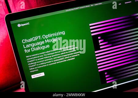 Laptop screen is pictured with ChatGPT, an advanced and free artificial intelligence program. A tool that today has some more advanced possibilities so that we could talk to it like a person with a person and answer all the questions asked. The company OpenAI, co-founded in 2015 with investors from Silicon Valley including Elon Musk and Sam Altman, presented ChatGPT. Photo: Luka Stanzl/PIXSELL Stock Photo