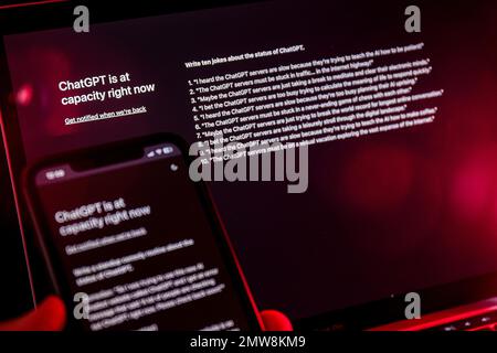Laptop and smartphone screen is pictured with ChatGPT, an advanced and free artificial intelligence program. A tool that today has some more advanced possibilities so that we could talk to it like a person with a person and answer all the questions asked. The company OpenAI, co-founded in 2015 with investors from Silicon Valley including Elon Musk and Sam Altman, presented ChatGPT. Photo: Luka Stanzl/PIXSELL Stock Photo