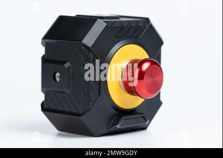 Emergency stop button side view isolated on studio background Stock Photo