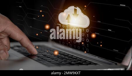 Cloud computing concept - connect to cloud. Businessman or information technologist with cloud computing icon. Stock Photo
