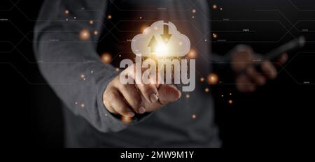 Cloud computing concept - connect to cloud. Businessman or information technologist with cloud computing icon. Stock Photo