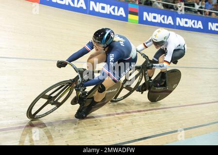 France's Mathilde Gros beats Lea Sophie Friedrich of Germany in the finals of the women's sprint to win the world championships at the UCI Track World. Stock Photo