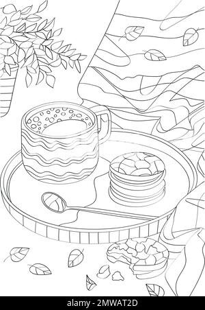 Cup with cookies on a tray. Vector antistress coloring book. Stock Vector