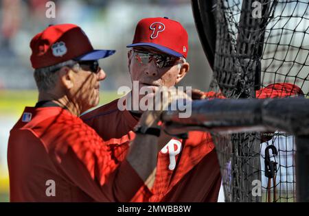 Joni Fregosi gets a hug from Philadelphia Phillies spring instructor Mickey  Morandini following a ceremony to honor her husband former Phillies manager  Jim Fregosi before an exhibition baseball game between the Phillies