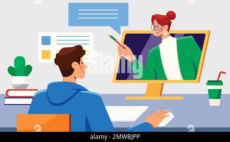 online education, teacher computer explain class science with books ...