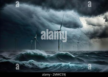 A storm at sea hits a group of offshore wind turbines. Stock Photo