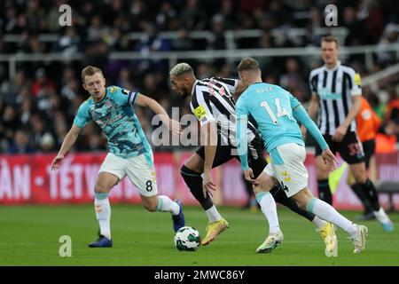 Joelinton of Newcastle United in action with Southampton's James Ward-Prowse and James Bree during the Carabao Cup Semi-Final 2ng Leg match between Newcastle United and Southampton at St. James's Park, Newcastle on Tuesday 31st January 2023. (Credit: Mark Fletcher | MI News) Credit: MI News & Sport /Alamy Live News Stock Photo