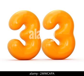 A 3d illustration of a glossy orange jelly number 33 or thirty-three isolated on a white background Stock Photo