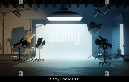 A large blank photo studio background with various lighting equipment. 3D illustration Stock Photo