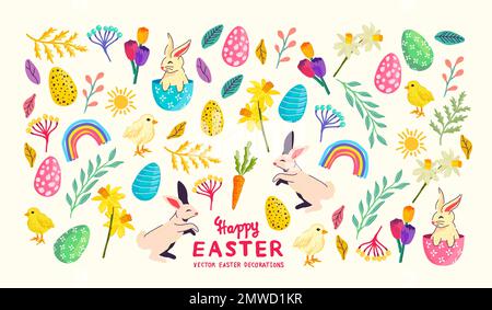 Bright easter celebrations collection with eggs, rabbits and floral decorations! Vector illustration Stock Vector
