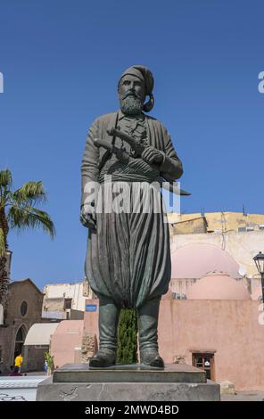 Statue Freedom Fighter Anagnostis Mantakas, Mitropolis Square, Evraiki Quarter, Old Town, Chania, Crete, Greece Stock Photo