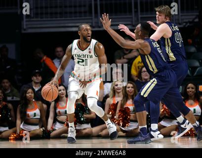 Georgia Tech guard Josh Okogie (5) celebrates with Jon Brown, right, late  in the second half of an NCAA college basketball game against the Miami  Wednesday, Jan. 3, 2018, in Atlanta. Georgia