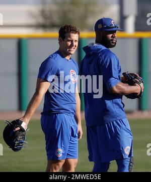 Chicago Cubs' Anthony Rizzo talks to Milwaukee Brewers' Christian Yelich  during the seventh inning of a baseball game Saturday, April 6, 2019, in  Milwaukee. (AP Photo/Aaron Gash Stock Photo - Alamy