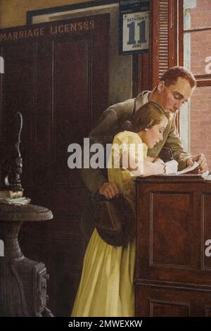 Norman Rockwell painting called Marriage License done in 1955 for the Saturday Evening Post magazine Stock Photo