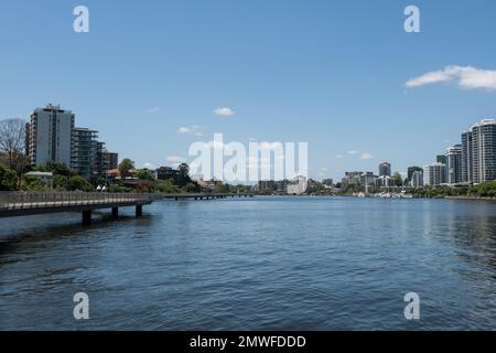 View of Brisbane River towards New Farm from riverwalk boardwalk Stock Photo