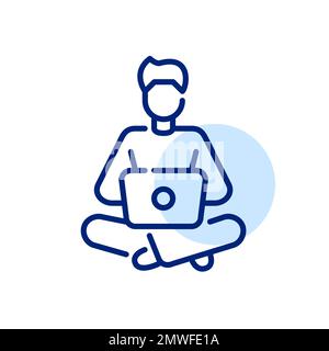 Remote worker. Man in comfortable clothes sitting with a laptop on his lap. Pixel perfect, editable stroke Stock Vector
