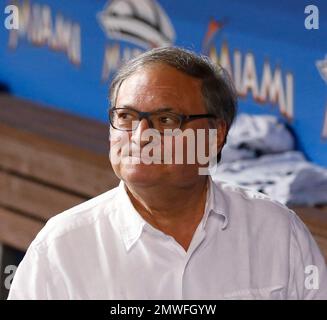 Miami Marlins baseball team CEO Derek Jeter, center, speaks to members of  the media inside Marlins Park stadium, Monday, Feb. 11, 2019, in Miami.  Jeter is entering his second season as CEO