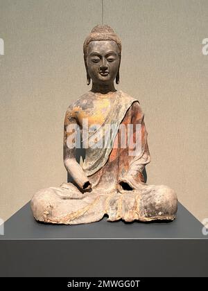 Buddha, probably Amitabha, Tang Dynasty, (618-907) , early 7th century. Hollow dry lacquer with traces of gilding and polychrome pigment. Metropolitan Museum of Art, New York City. Stock Photo