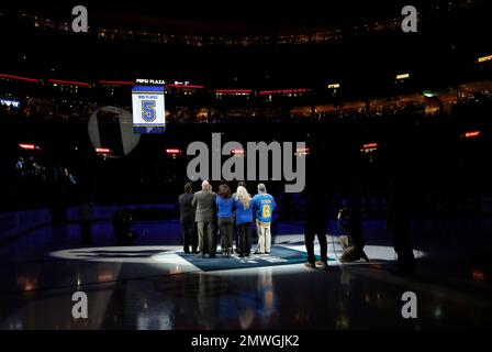 Bobby Plager watches the Blues retire his no. 5 jersey 