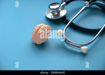 Concept of brain diseases, mental health, Alzheimer's, Parkinson's disease, dementia, stroke, and seizure. Brain model with a stethoscope. Stock Photo