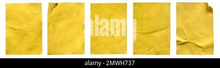 Blank yellow crumpled and creased paper poster texture set isolated on white background. Stock Photo