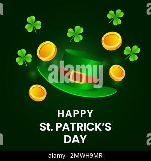 gradient design happy st patrick's day illustration with hat, floral, and coins Stock Vector