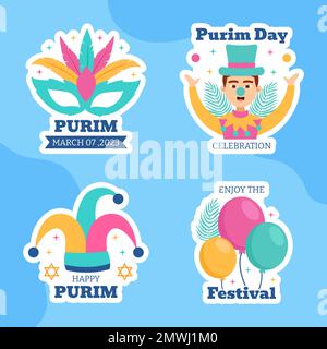 Happy Purim Day Label Flat Cartoon Hand Drawn Templates Illustration Stock Vector