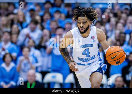 February 1, 2023: North Carolina Tar Heels guard R.J. Davis (4) brings the ball up court against the Pittsburgh Panthers during the first half of the ACC basketball matchup at Dean Smith Center in Chapel Hill, NC. (Scott Kinser/CSM) Stock Photo