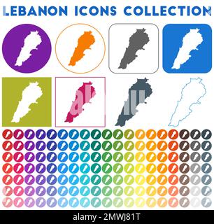 Lebanon icons collection. Bright colorful trendy map icons. Modern Lebanon badge with country map. Vector illustration. Stock Vector