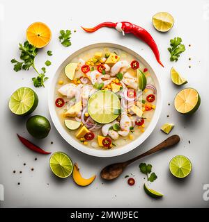 stunning Ceviche on white background food photography. Highlight the vibrant flavors of Latin America's beloved dish in a minimalistic and sophisticat Stock Photo