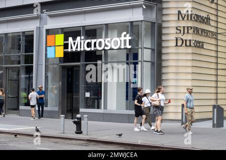 Microsoft logo is seen at its office in Eleven Times Square in Midtown Manhattan, New York City, on Tuesday, July 5, 2022. Stock Photo