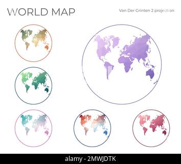 Set of vector polygonal maps of the World. Bright gradient map of the ...