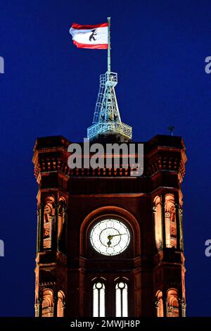 Berlin, Germany. 23rd Feb, 2017. The windows of the Rotes Rathaus are lit up in the evening. Berlin elects a new state parliament on February 12 because the last vote was invalid. The result will determine whether Franziska Giffey remains mayor. The CDU wants to prevent that - and is not alone. (to dpa 'Berlin votes again') Credit: picture alliance/Maurizio Gambarini/dpa/Alamy Live News Stock Photo