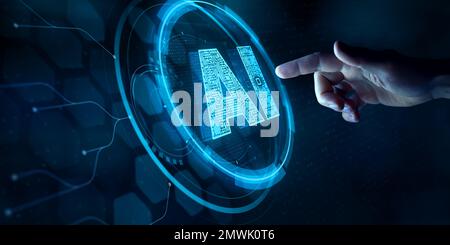 Artificial intelligence and machine learning technology with finger touching AI button on virtual screen interface. Engineer working with chatbot, sma Stock Photo